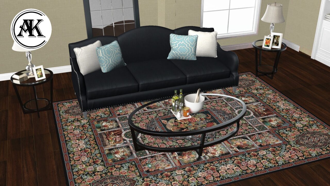 شبیه‌سازی فرش طرح 700 شانه باغ ارم سرمه ای