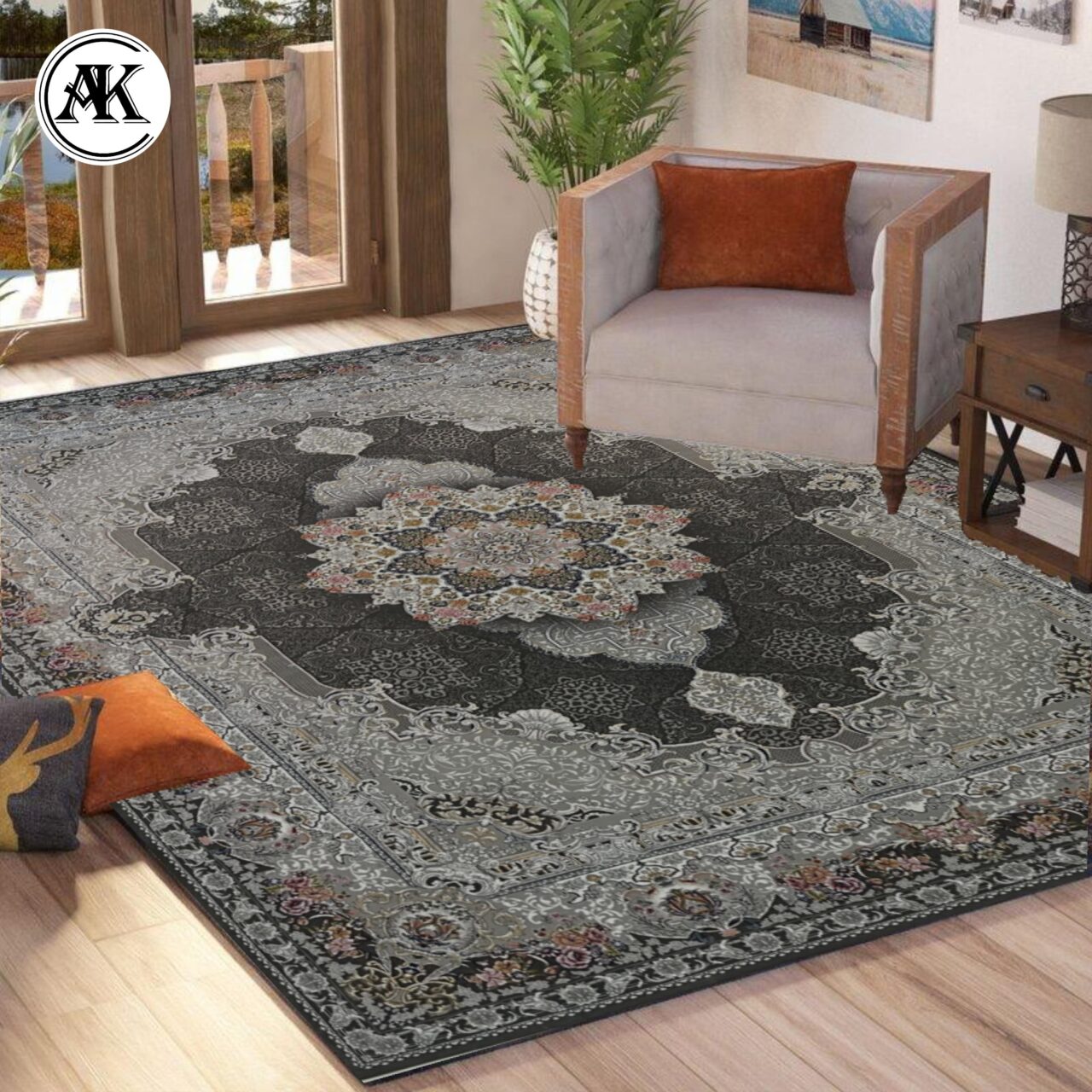 شبیه‌سازی فرش 700 شانه پریا زغالی گل_برجسته