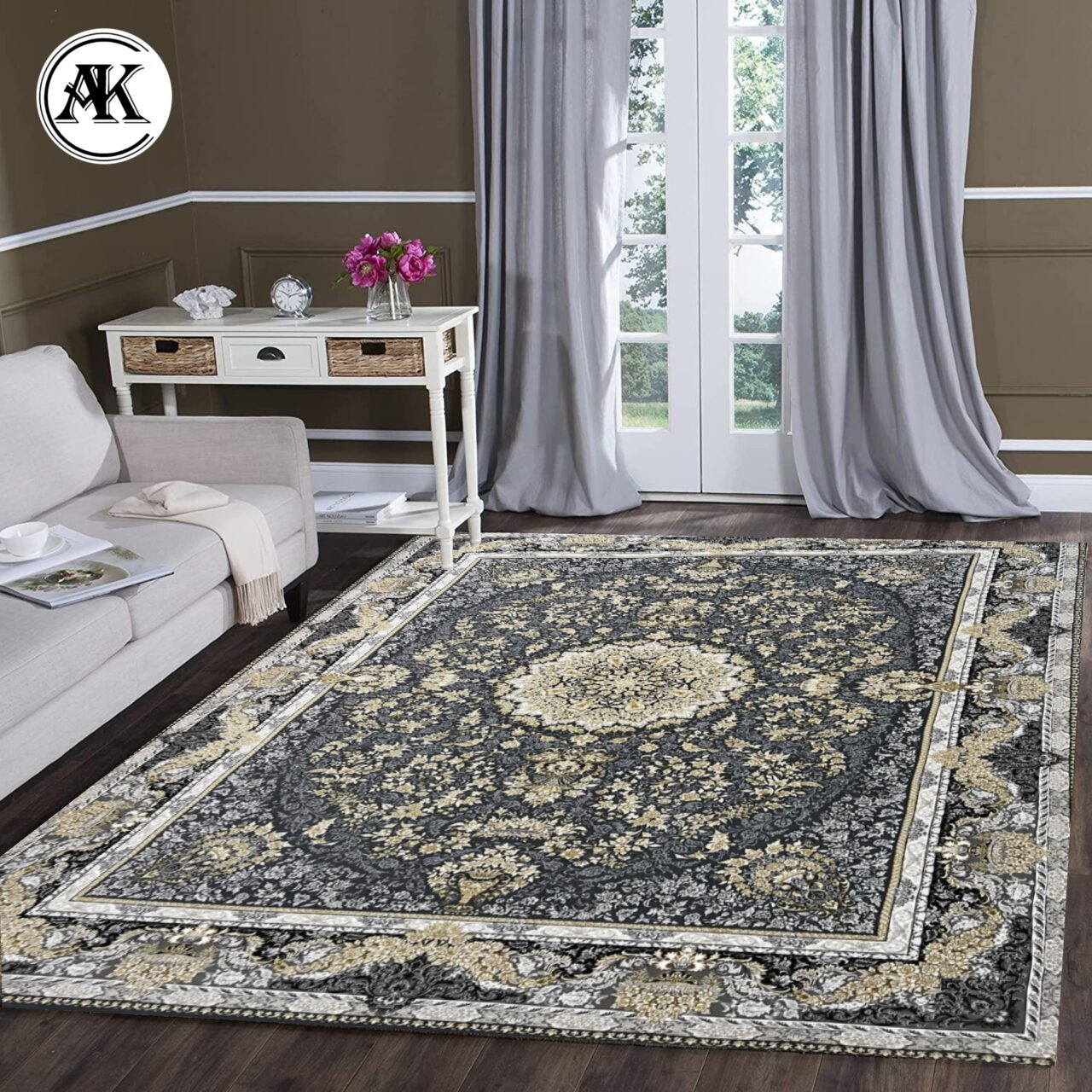 دکوراسیون فرش 1200 شانه طلا طوسی گل_برجسته