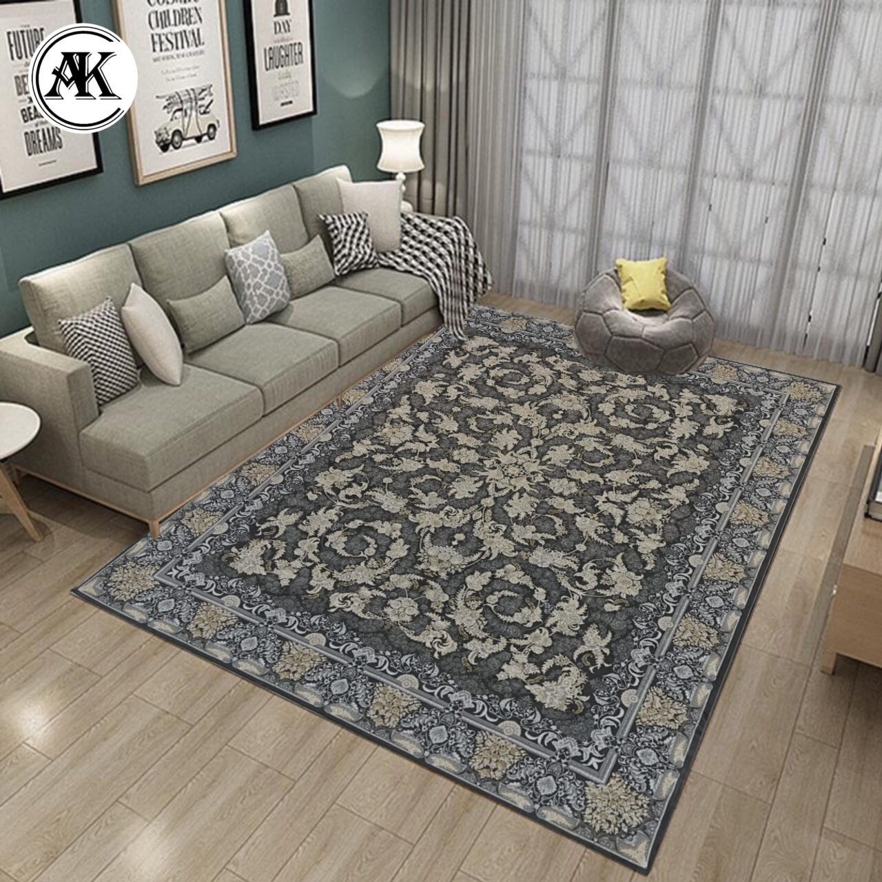 دکوراسیون فرش 700 شانه آترین زغالی گل_برجسته