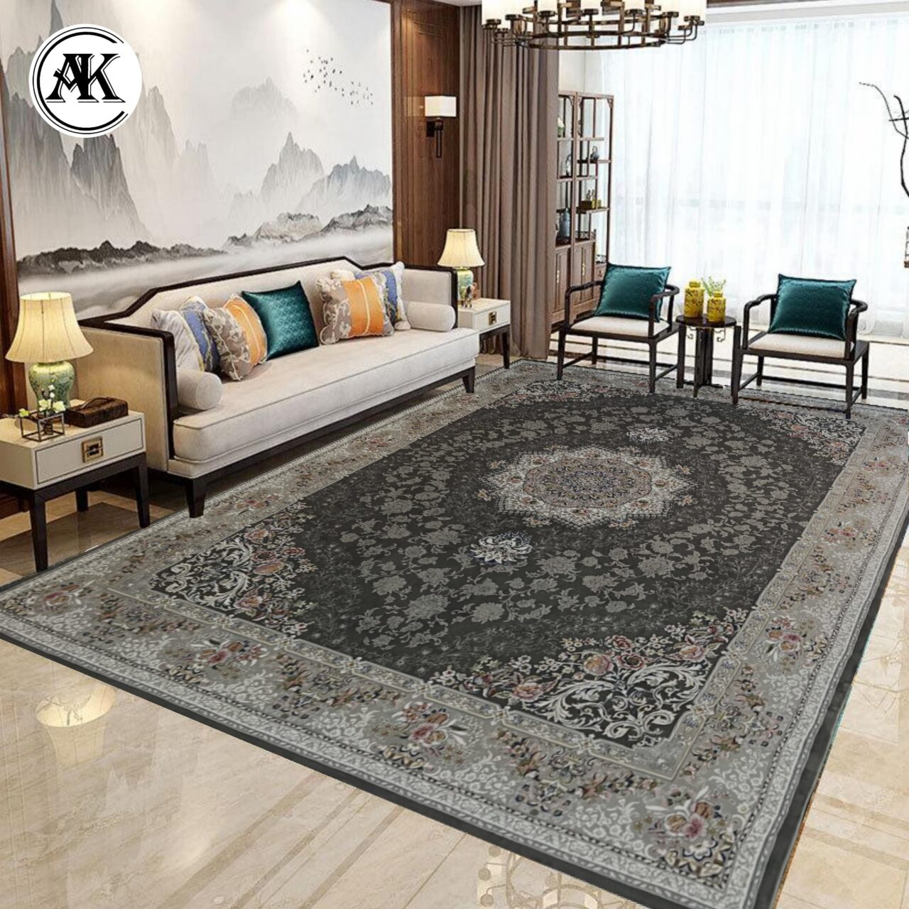 دکوراسیون فرش 700 شانه آذین زغالی گل_برجسته