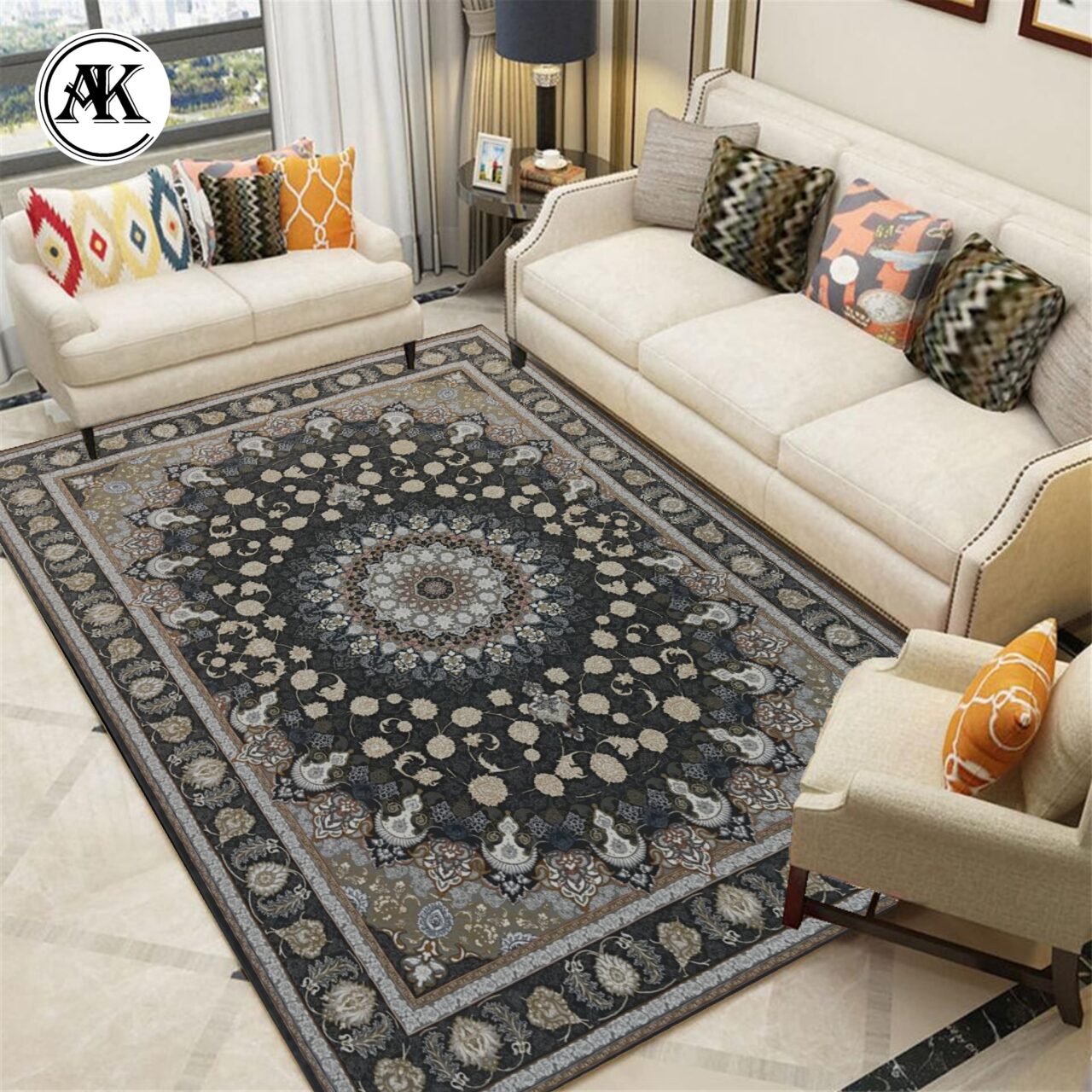 دکوراسیون فرش 700 شانه اصیل زغالی گل_برجسته