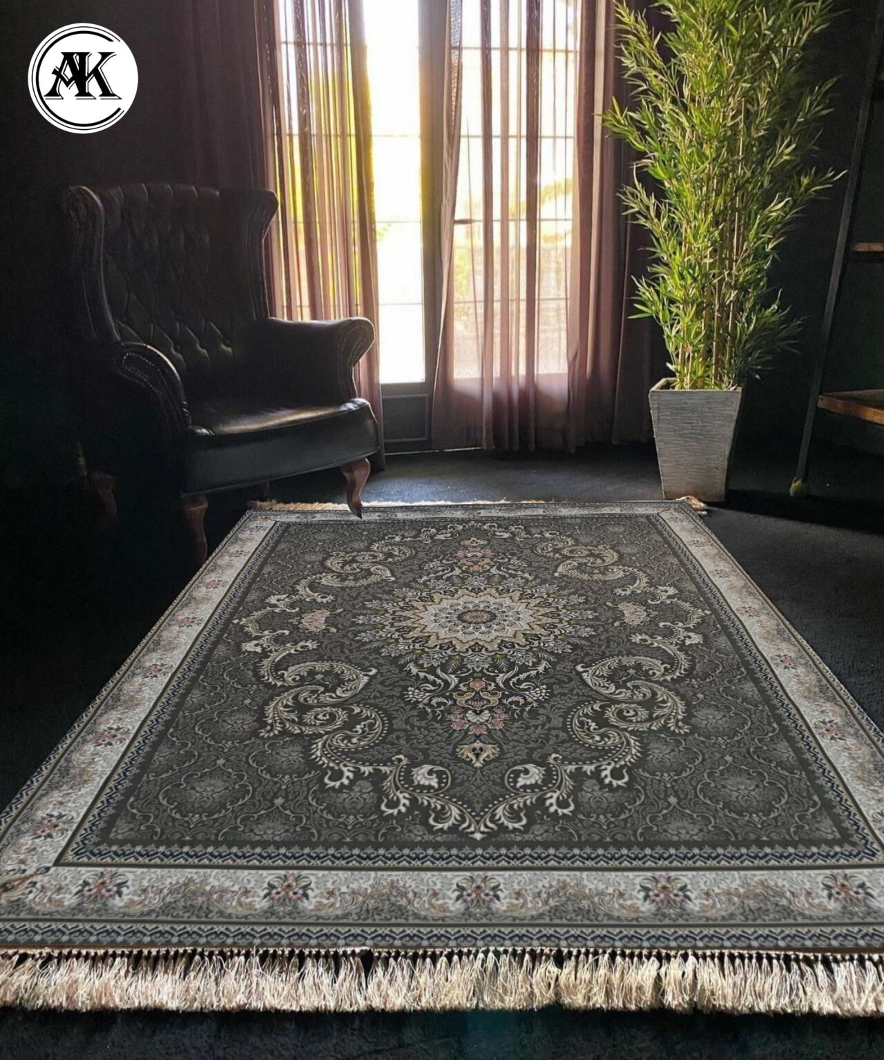دکوراسیون فرش 700 شانه ترمه زغالی گل_برجسته
