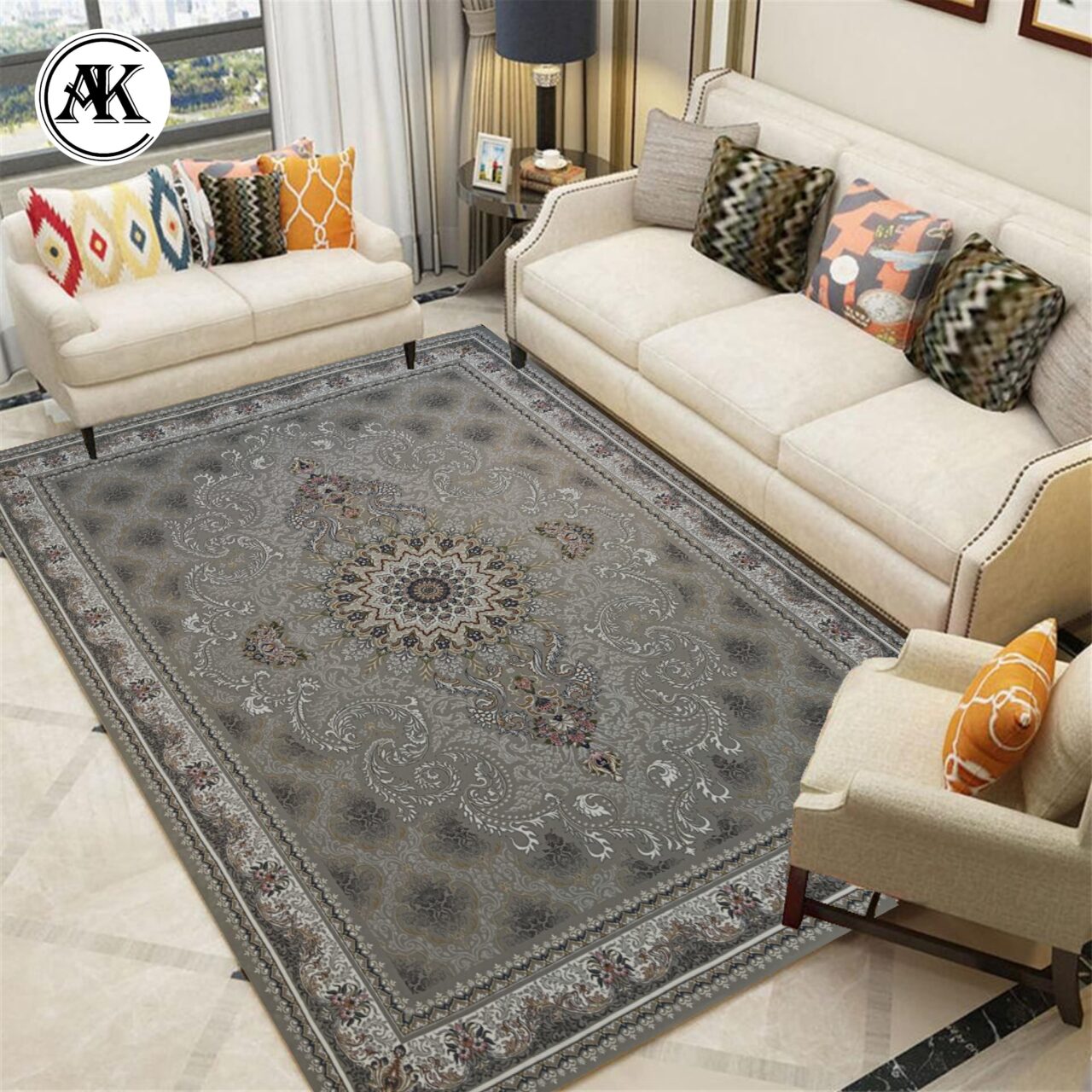 دکوراسیون فرش 700 شانه ترمه نقره_ای گل_برجسته