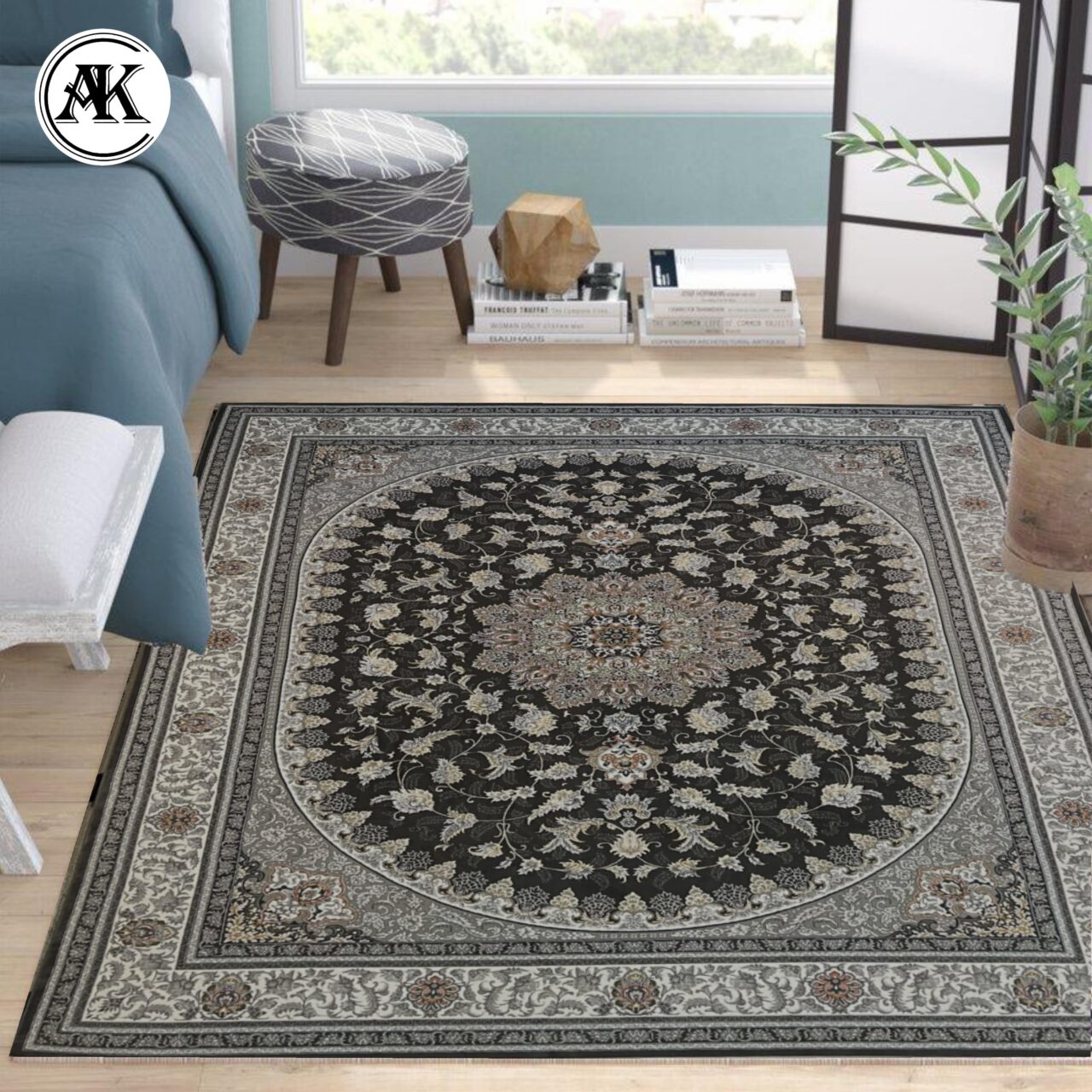 دکوراسیون فرش 700 شانه ثمین زغالی گل_برجسته