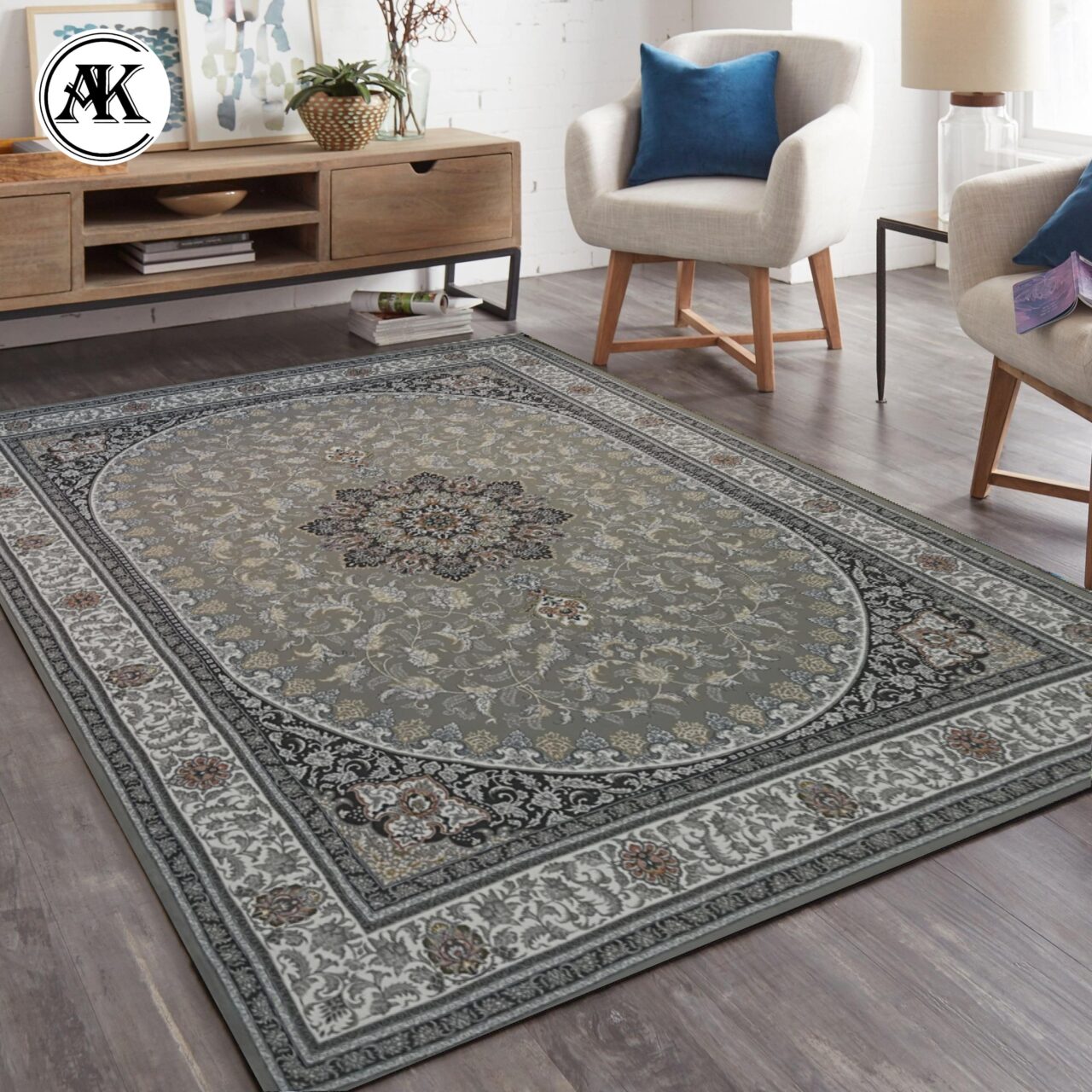 دکوراسیون فرش 700 شانه ثمین نقره_ای گل_برجسته