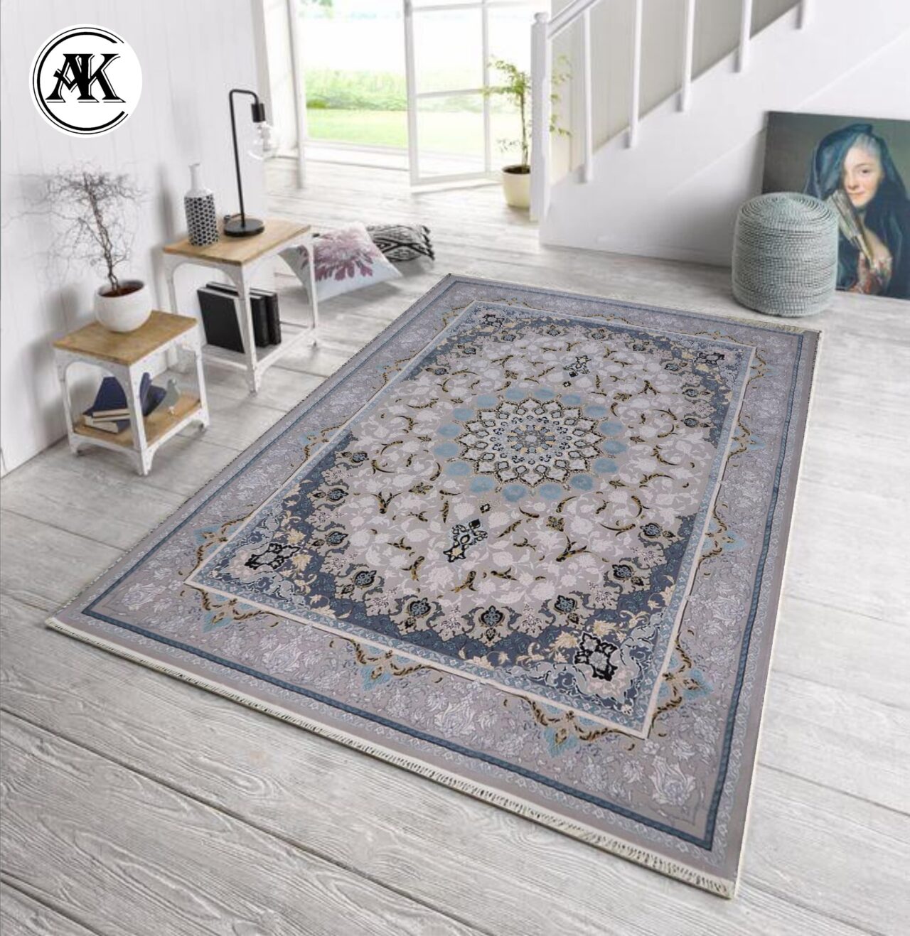 دکوراسیون فرش 700 شانه زمرد نقره_ای گل_برجسته