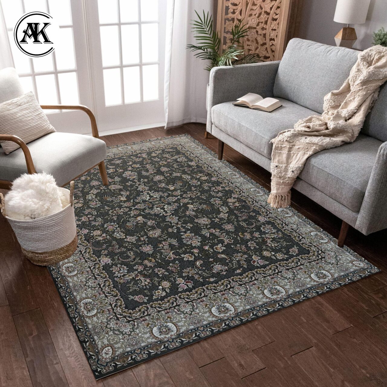 دکوراسیون فرش 700 شانه زیبا زغالی گل_برجسته