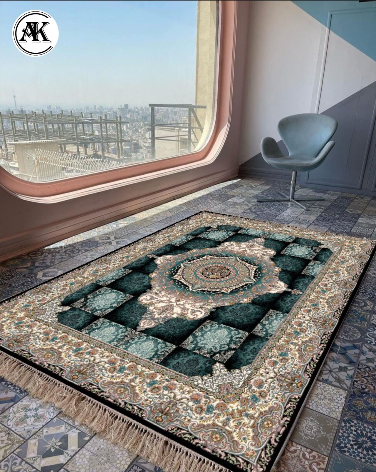 دکوراسیون فرش طرح 700 شانه نیلوفر سرمه_ای