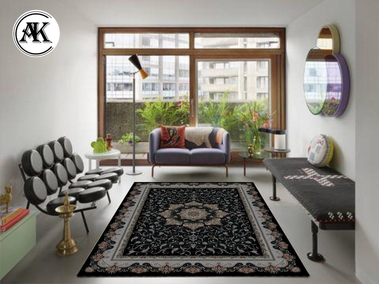 دکوراسیون فرش 700 شانه صنوبر سرمه_ای با نخ اکریلیک