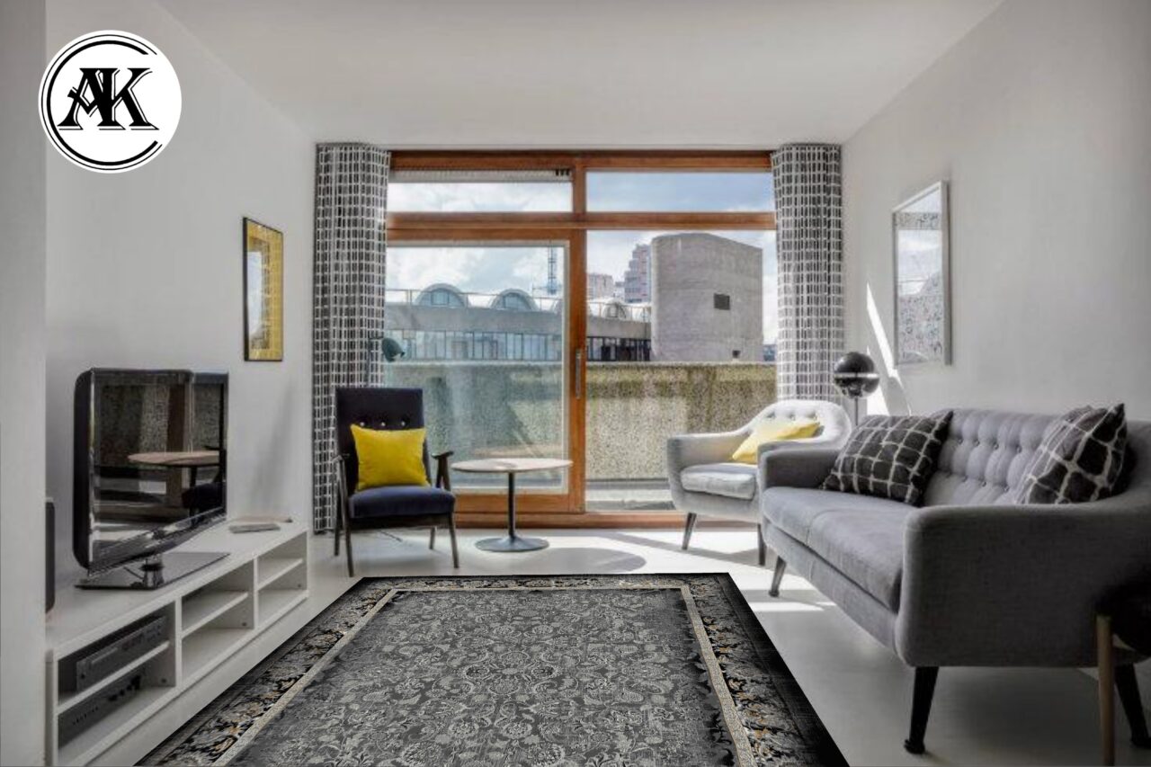 دکوراسیون فرش وینتیج کیمیا سرمه ای پالت طلاکوب