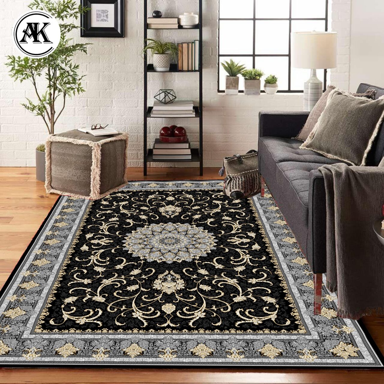 شبیه‌سازی فرش 700 شانه طناز سرمه ای پالت طلاکوب